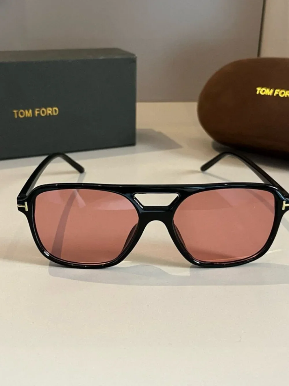 TOM FORD Red-Frame Gold T Sunglasses
